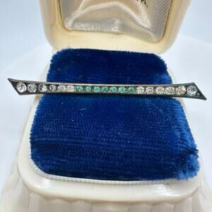 Antique Edwardian Art Deco brass aqua blue glass rhinestones brooch bar pin